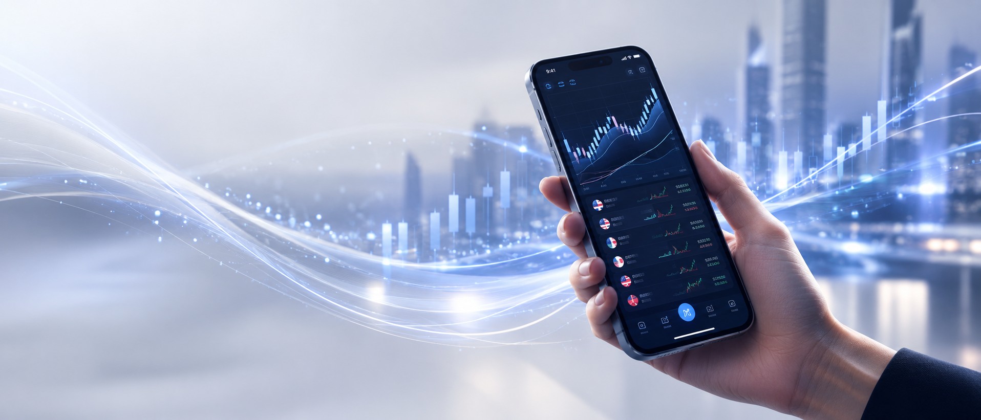 Smartphone showing a clean forex trading interface held in hand